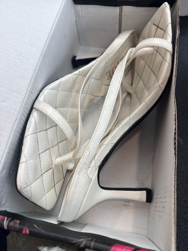 Photo 1 of **Major Damage**
SKETOE Kitten Heels for Women Square Open Toe Sandals Dressy Wedding Party Shoes Flip Flops T Strap Slip On 3inch High Heels White, Size 9