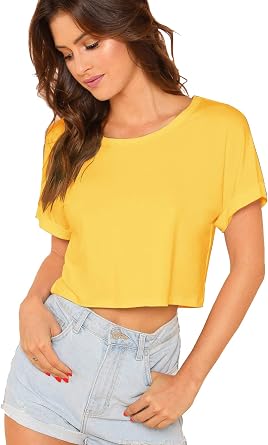Photo 1 of **Stock Pick for Reference** SweatyRocks Women's Cactus Print Crop Top Summer Short Sleeve Graphic T-Shirts Yellow Size-Small