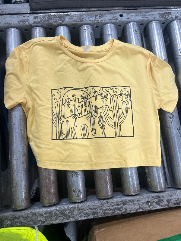 Photo 1 of **Stock Pick for Reference** SweatyRocks Women's Cactus Print Crop Top Summer Short Sleeve Graphic T-Shirts Yellow Size-Small