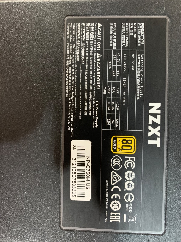 View 8 of *** Missing 2 cables and someone swapped out the C850 and put in a C750*** PARTS ONLY***
NZXT C750 Gold Core - 850W ATX 3.1 Power Supply - 80 Plus Gold - Cybenetics Platinum - Fully Modular - PCIe 5.1 600W 12V-2x6 - Zero RPM Fan - 105°C Capacitors - Black