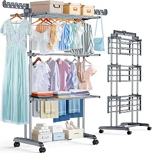 Photo 1 of  Clothes Drying Rack Foldable, 4-Tier Drying Rack with Wheels | Heavy Duty Foldable Laundry Drying Rack for Indoor Outdoor Air Drying, Ideal for Large Families, 19.68"D x 29.92"W x 67.70"H
