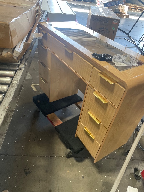Photo 1 of **no mirror or lights included**43" Makeup Vanity Desk with Mirror and Lights&Power Outl, 3 Adjustable Light Color,Glass Top Big Vanity Table with 9 Drawers & 6 Shelves,Girls Vanity for Bedroom, Oak