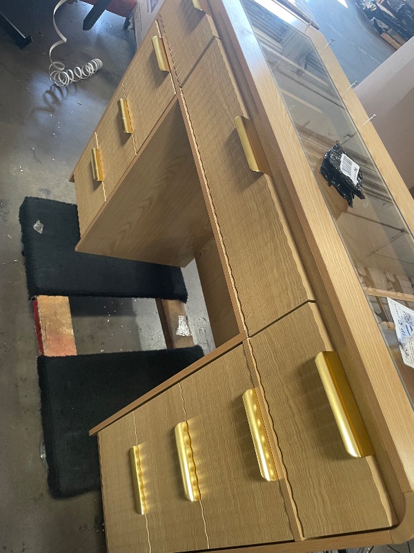 Photo 1 of **no mirror or lights included**43" Makeup Vanity Desk with Mirror and Lights&Power Outl, 3 Adjustable Light Color,Glass Top Big Vanity Table with 9 Drawers & 6 Shelves,Girls Vanity for Bedroom, Oak