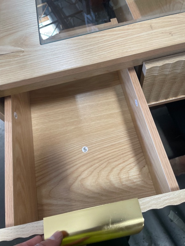 Photo 1 of **no mirror or lights included**43" Makeup Vanity Desk with Mirror and Lights&Power Outl, 3 Adjustable Light Color,Glass Top Big Vanity Table with 9 Drawers & 6 Shelves,Girls Vanity for Bedroom, Oak