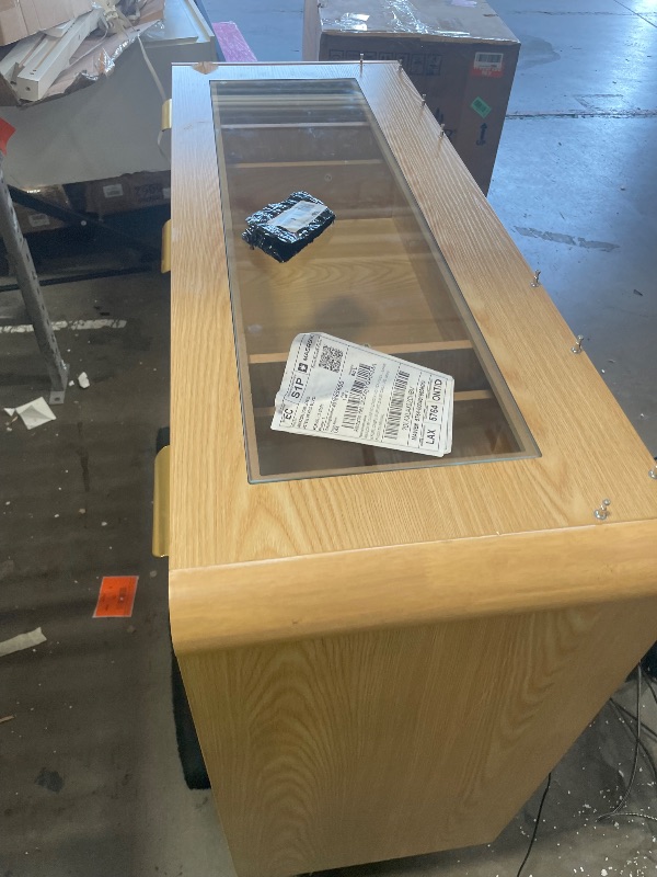 Photo 1 of **no mirror or lights included**43" Makeup Vanity Desk with Mirror and Lights&Power Outl, 3 Adjustable Light Color,Glass Top Big Vanity Table with 9 Drawers & 6 Shelves,Girls Vanity for Bedroom, Oak