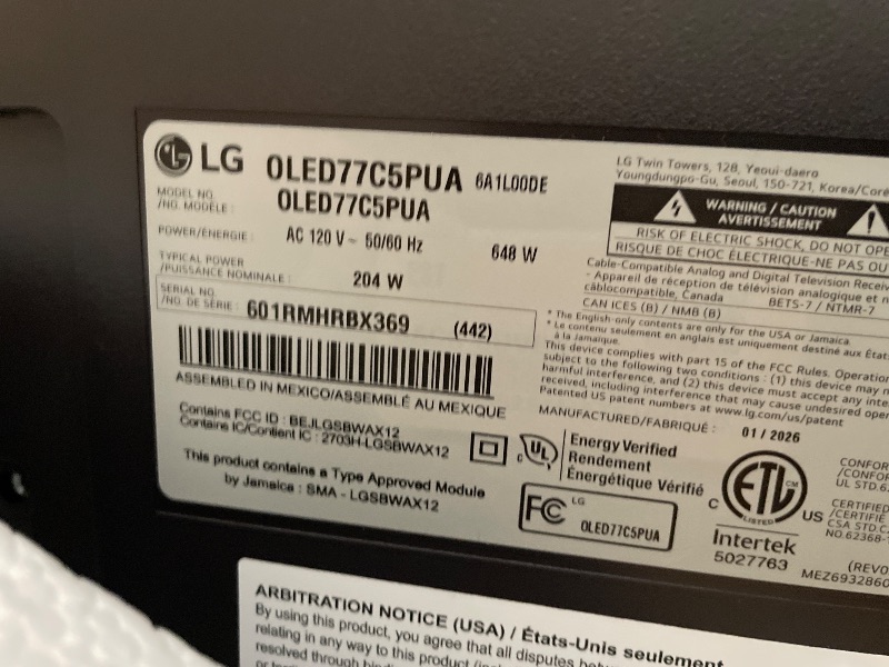 Photo 1 of **DAMAGED**LG 77-Inch Class OLED evo AI 4K C5 Series Smart TV w/Dolby Atmos, Dolby Vision, HDR10, AI Super Upscaling 4K, Filmmaker Mode, Wow Orchestra, Alexa Built-in (OLED77C5PUA, 2025)