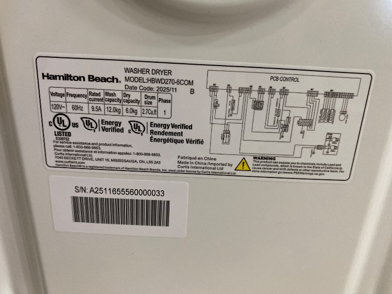 Photo 1 of **POWERS ON BUT DOESNT WORK, FOR PARTS** HAMILTON BEACH Washer and Dryer Combo 2.7 cu ft - White