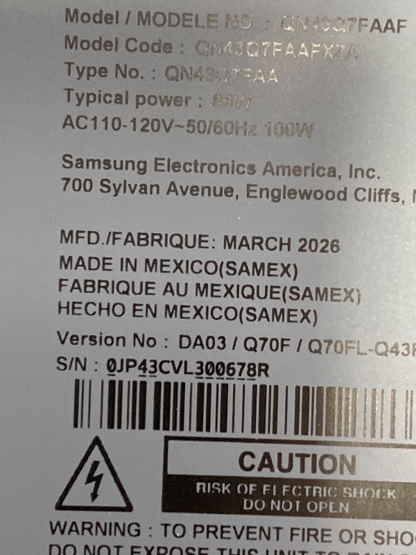 Photo 1 of *SCREEN BROKEN* Samsung 43-Inch Class QLED Q7F Series Samsung Vision AI Smart TV (2025 Model, 43Q7F) Quantum HDR, Object Tracking Sound Lite, Q4 AI Gen1 Processor, 4K upscaling, Gaming Hub, Alexa Built-in