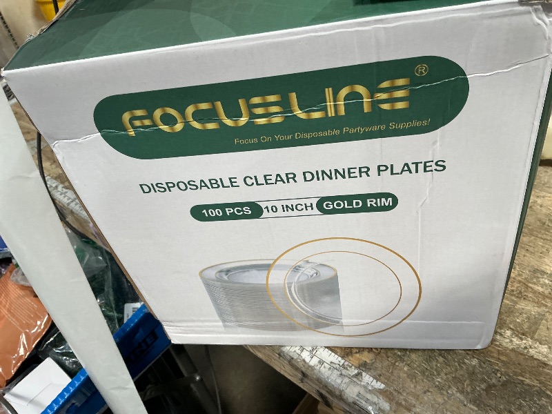 Photo 1 of *** CHECK COMMENTS** FOCUSLINE 100 Count 10 Inch Clear and Gold Plastic Plates, Disposable Heavy Duty Clear Plates with Gold Rim, Premium Hard Plastic Plate Fancy Disposable Dinner Plate for Wedding Parties