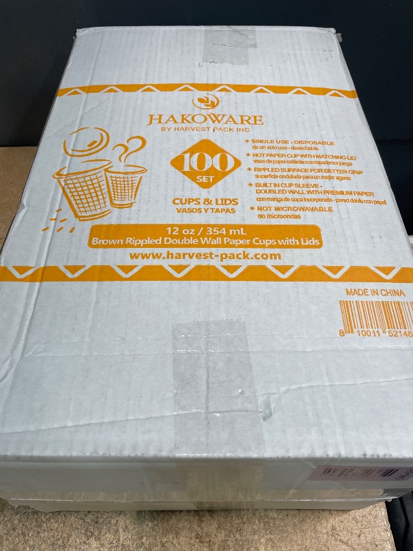 Photo 1 of [100 SET]Harvest Pack 12 oz Disposable Coffee Cups, Insulated Ripple Double-Walled Paper Cup with Lids, Brown Geometric, Tea Hot Chocolate Drinks To go coffee cups