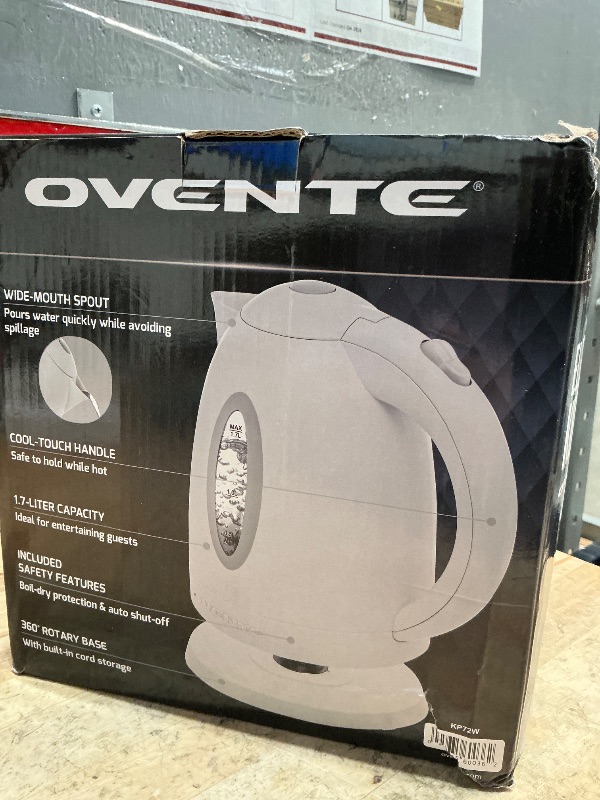 Photo 1 of **MISSING BOTTOM PIECE** OVENTE Electric Kettle, 1.7L Fast Boiling Water Heater for Coffee or Tea, BPA Free with Water Level Gauge, Auto Shut-Off, Boil-Dry Protection, Indicator Light and Removable Filter, White KP72W