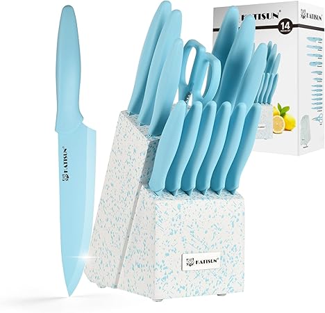 Photo 1 of *************ONLY INCLUDES 8 KNIFES***********
KATISUN Kitchen Knife Set with Block, 14 Piece Pink Non-Stick Paint Coating Stainless Steel Knives Set, Anti-Rust and Dishwasher Safe, 12 Knives with Kitchen Shears and Block (Pink)