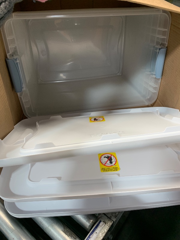Photo 1 of ***4 PACK*** Sterilite 64 Qt Latching Storage Box, Stackable Bin with Latch Lid, Plastic Container to Organize Clothes in Closet, Clear with White Lid, 4-Pack