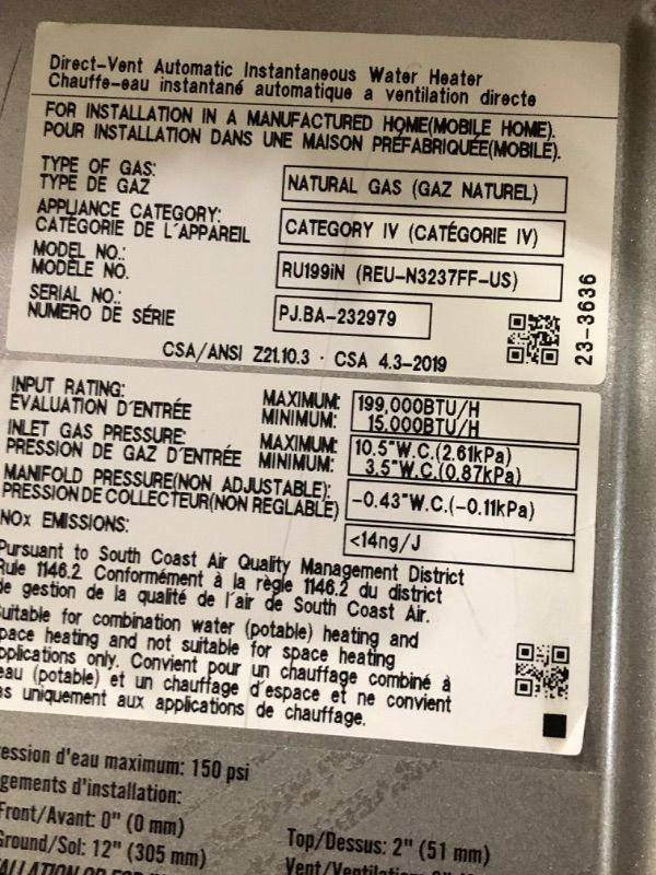 Photo 1 of ***PARTS ONLY***
Rinnai RU199iN Condensing Tankless Hot Water Heater, 11 GPM, Natural Gas, Indoor Installation