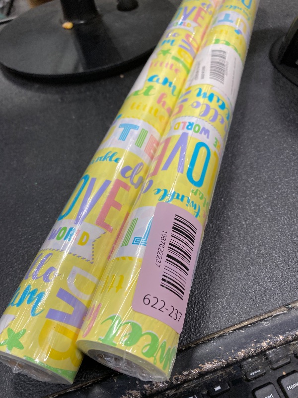 Photo 1 of  2 LeZakaa Reversible Baby Shower Wrapping Paper Roll, HELLO LITTLE ONE Text & Pink Purple Hearts Design for Baby Boy, Baby Girl, Unisex Baby, 1st Birthday, Newborn Party,Mini Roll,17 inches x 32.8Feet