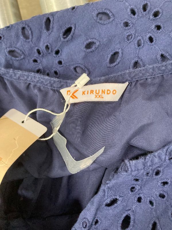 Photo 1 of ***DAMAGE BELOW LEFT HAND POCKET -SEE ALL PHOTOS*** KIRUNDO Eyelet Summer Dresses for Women 2025 Short Sleeve Tie Front Babydoll A Line Wedding Guest Beach Vacation Sundress(Navy, XX-Large)