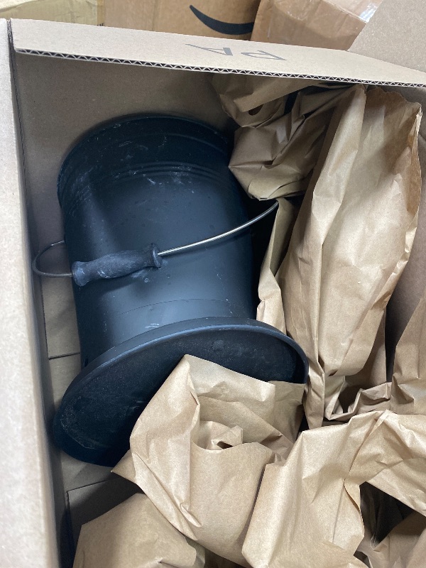 Photo 1 of ***DAMAGE -USED/ DENTED SIDES-MISSING SHOVEL -SELLING AS IS*** INNO STAGE Ash Bucket with Lid and Wood Handle Coal Shovel, Ash Carrier Pail Fireplace Tools, Fire Pit, Wood Burning Stove Black