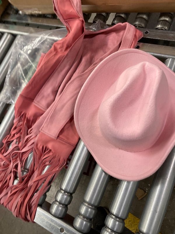View 3 of ***MISSING PIEDCES SELLING AS IS*** GERVAISE Women's Western Cowgirl Costume 70s Hippie Tassels Fringe Vest outfit Hat 2pcs (Pink, Large)