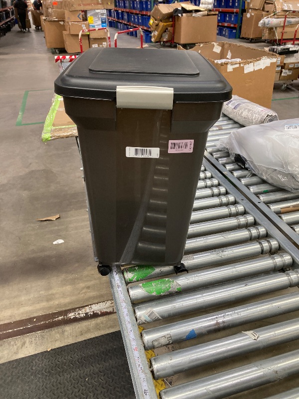 Photo 1 of ***DAMAGE -ONE WHEEL BROKEN -SELLING AS IS *** IRIS USA Dog Food Storage Container 58 lbs, Attachable Wheels, for Dog Cat Birds and other Pets, Food Storage Bin, Keep Fresh, Easy Mobility, BPA Free - Made in the USA, Black ***SOME SCUFFS/SCRATCHES, NOT I