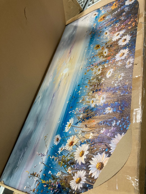 Photo 1 of **MINOR DAMAGE ON ONE CORNER**crmotu Beach Wildflower Landscape Wall Art, Seaside Sunset Extra Large Wall Decor, Daisy Floral Botanical Canvas Prints, Modern Rustic House Decorations Living Room Dining Room Farmhouse 29X57 In