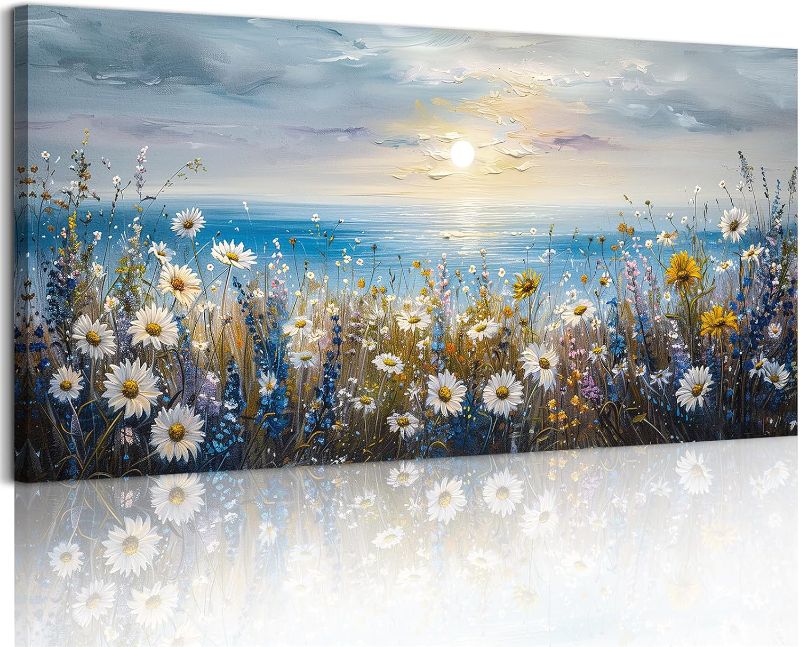 Photo 1 of **MINOR DAMAGE ON ONE CORNER**crmotu Beach Wildflower Landscape Wall Art, Seaside Sunset Extra Large Wall Decor, Daisy Floral Botanical Canvas Prints, Modern Rustic House Decorations Living Room Dining Room Farmhouse 29X57 In