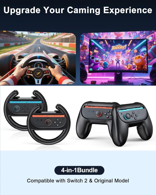Photo 1 of [Switch 1/2 Compatible] Hand Grips and Ergonomic Racing Wheel Handle for Joy Cons Controller, Family Sports Party Pack Accessories Compatible with Nintendo...