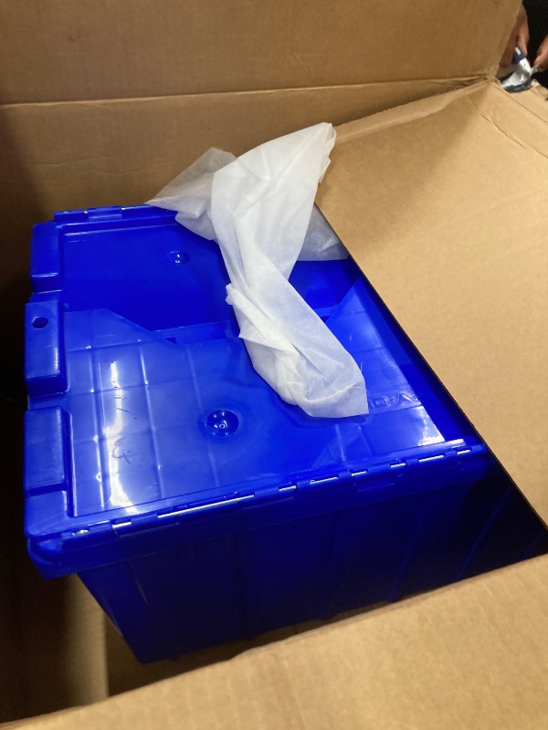 Photo 1 of *** ONE SINGLE TOTE*** Akro-Mils 39120 Industrial Lidded Plastic Storage Container, Nesting and Stackable Plastic Storage Box with Lid Attached, Organization Tote for Garage and Warehouse, 21.5"x15.25"x12.5", Blue (ONE)