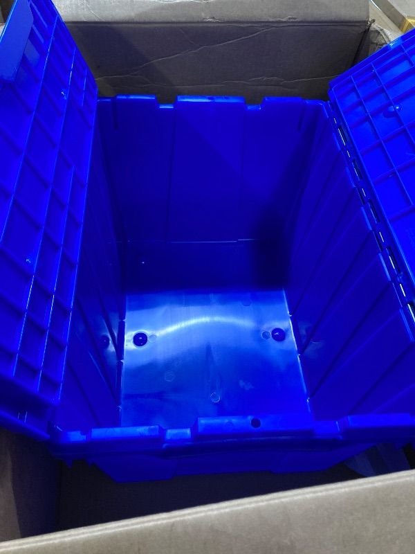 Photo 1 of *** ONE SINGLE TOTE*** Akro-Mils 39120 Industrial Lidded Plastic Storage Container, Nesting and Stackable Plastic Storage Box with Lid Attached, Organization Tote for Garage and Warehouse, 21.5"x15.25"x12.5", Blue (ONE)