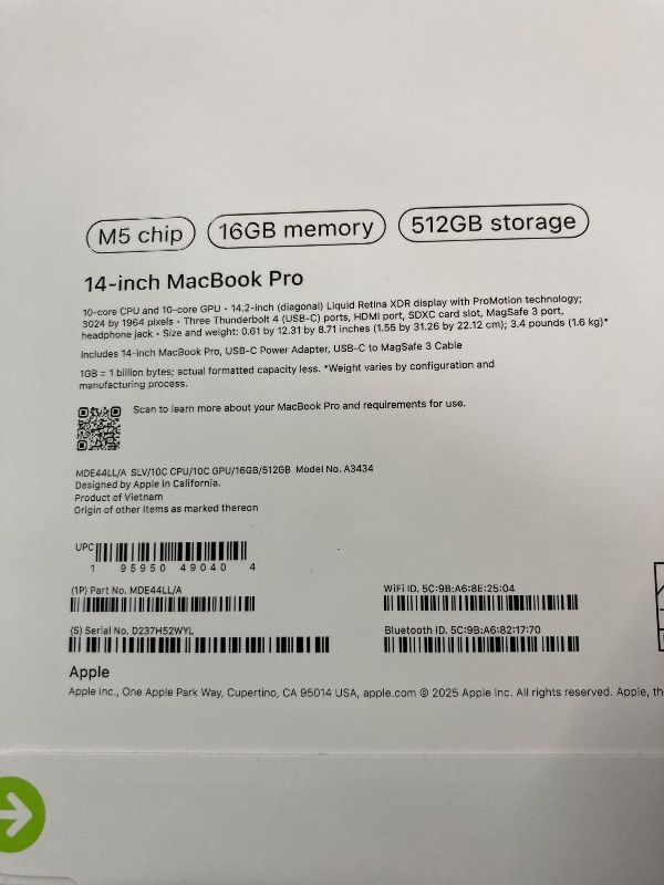 Photo 1 of ** FACTORY SEALED, NO RETURNS- NO REFUNDS IF OPENED  ***  Apple 2025 MacBook Pro Laptop with M5 chip with 10?core CPU and 10?core GPU: Built for Apple Intelligence, 14.2-inch Liquid Retina XDR Display, 16GB Unified Memory, 512GB SSD Storage; Silver