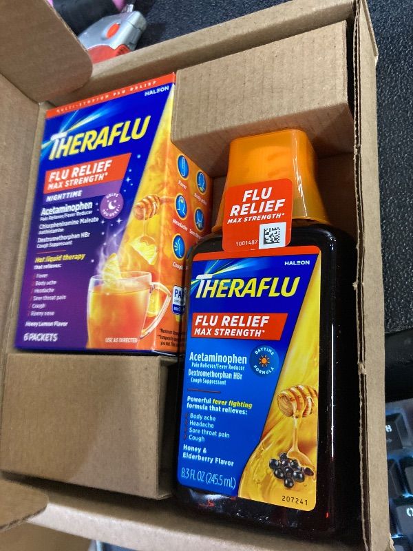 Photo 1 of ***EXP 04/2026***Theraflu Max Strength Daytime Flu Symptom Relief, Honey and Elderberry Syrup, 8.3 Fl Oz and Nighttime Flu Symptom Relief, Honey Lemon Flavor -***EXP 04/2026***