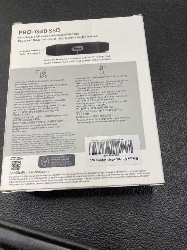 Photo 1 of ***Factory seal***
SanDisk Professional 2TB PRO-G40 SSD - Up to 2700MB/s, Thunderbolt 3 (40Gbps), USB-C (10Gbps), IP68 dust/Water Resistance, External Solid State Drive - SDPS31H-002T-GBCND