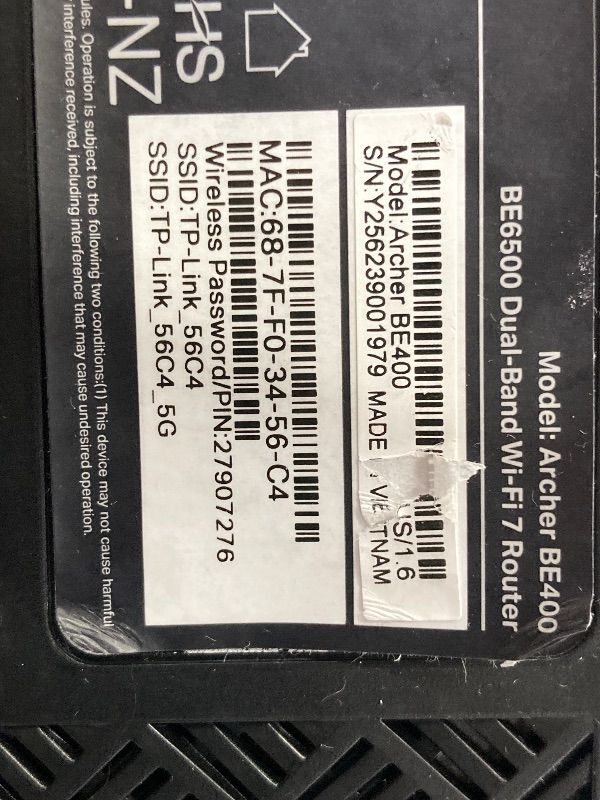Photo 1 of ***No power adapter***TP-Link BE6500 Dual-Band WiFi 7 Router (BE400) – Dual 2.5Gbps Ports, USB 3.0, Covers up to 2,400 sq. ft., 90 Devices, Quad-Core CPU, HomeShield, Private IoT, Free Expert Support***No power adapter***