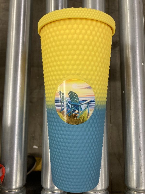 Photo 1 of ***MISSING STRAW SELLING AS IS *** Spoontiques Studded Tumbler, 32oz - Insulated Double Wall Acrylic Travel Cup Spill Proof Lid - for Hot & Cold Beverages - Beach ***NOT IN BOX***