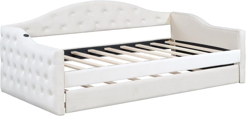 Photo 1 of ***BOX 1 OF 2 -MISSING BOX#2 -SELLING AS PARTS ONLY*** 
Platform Bed Frame Twin Size,Tufted Upholstered Twin Beds Frames with Storage,Elegant Bedframe Set for All Ages with Trundle,Slats,No Box Spring Needed,Without Mattress,Type-C Charging Ports,Beige