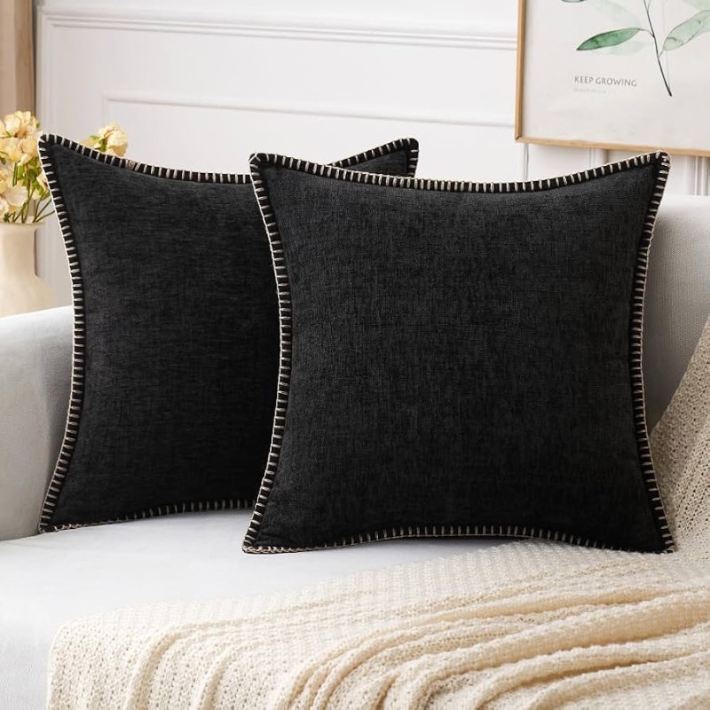 Photo 1 of ***STOCK PHOTO FOR REFERENCE ONLY*** Pack of 2 Couch Throw Pillow Covers 18x18 Inch Black Farmhouse Decorative Pillow Covers with Stitched Edge Soft Chenille Solid Dyed Pillow Covers for Sofa Bed Living Room