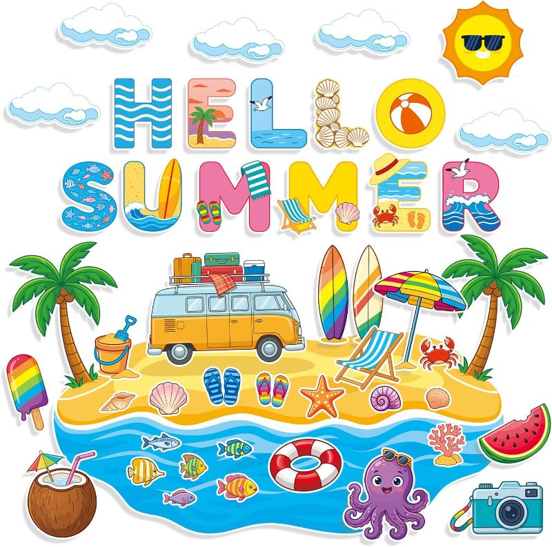 Photo 1 of ***STOCK PHOTO FOR REFERENCE ONLY*** ummer Beach Cutouts for Bulletin Board Decoration- 50PCS Hello Summer Cutouts with Big Island Beach Ocean Theme, Summer Bulletin Board Decorations for Party Classroom Wall Office Home Decor