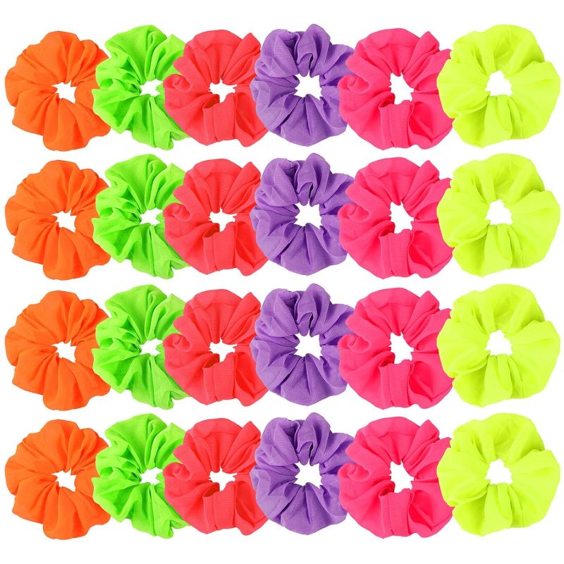 Photo 1 of ***STOCK PHOTO FOR REFERENCE ONLY*** 24 Pcs Neon Scrunchies for Hair 80s Neon Hair Accessories for Women Halloween Costumes Elastic Scrunchy Bands Solid Color Ponytail Scrunchy
