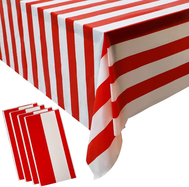Photo 1 of ***STOCK PHOTO FOR REFERENCE ONLY*** Red and White Striped Tablecloth Plastic Stripe Table Cover Carnival Circus Tablecloths Waterproof Rectangle Tablecloth for Holiday Party Picnic Decoration