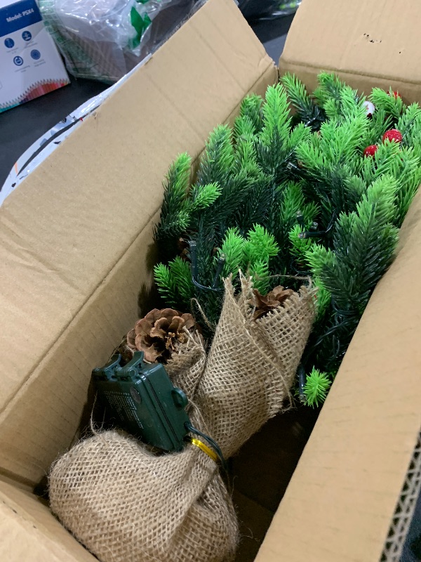 Photo 1 of [ 12 Modes & Timer] Christmas Artificial Tree LED Warm Lights Battery Operated Red Berries Pine Cone Burlap Base Indoor Home Christmas Decorations