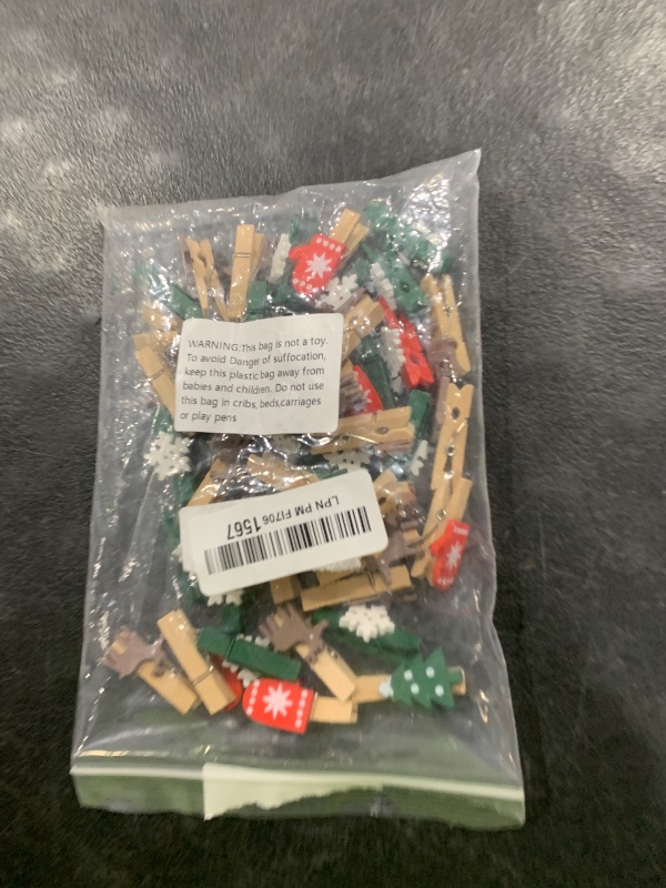 Photo 1 of 100pcs Christmas Wood Clips Xmas Tree Snowflake Elk Gloves Clothespins DIY Photo Pegs Hanging Clips for Party Favors Home School Art Craft Decor