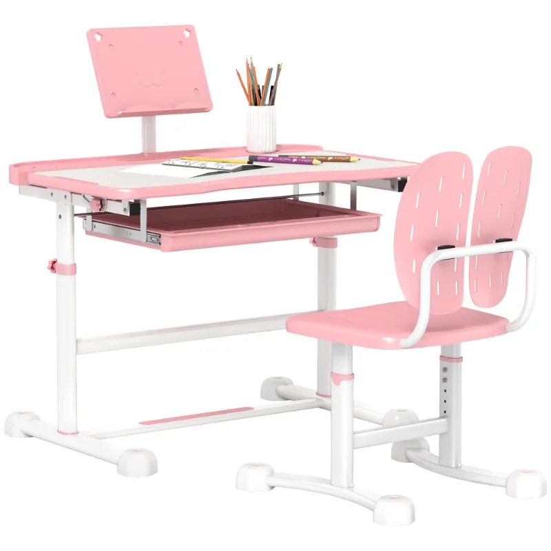 Photo 1 of 
Qaba Adjustable Kids Desk and Chair Set with Tilt Desktop, Storage, Pink