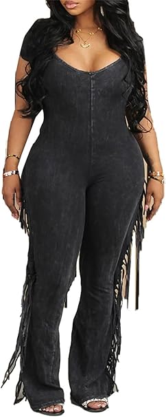 Photo 1 of Womens Sexy V Neck Bodycon Jumpsuit Tassels Fringe Pants Clubwear Casual Outfits Cute Romper XL