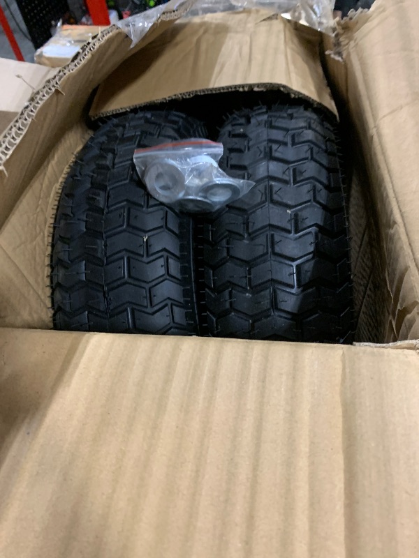Photo 1 of (2-Pack) 16x6.50-8 Pneumatic Tires on Rim - Universal Fit Lawn Mower and Yard Tractor Wheels - With Chevron Turf Treads - 3" Centered Hub and 3/4" Bushings - 396 lbs Max Weight Capacity