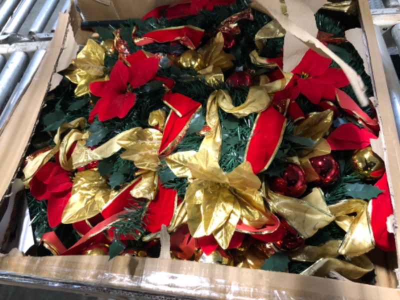 Photo 1 of [ 8 Modes & Timer ] 6 Ft Prelit Full Pop Up Christmas Tree with 200 Warm White LED Lights, Ornaments, Red & Gold Ribbon, Bows, Plug in Collapsible Christmas Trees Outdoor Indoor Christmas Decor