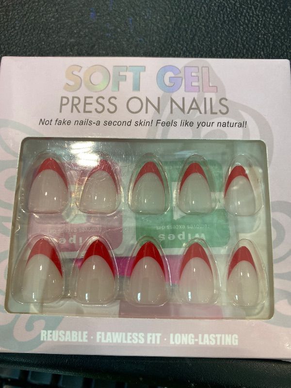 Photo 1 of ***SIMILAR ITEM***KQueenest Red French Tip Press On Nails Short Almond, 30 Pcs Press On Nails With Glue, Glossy Soft Gel Short Fake Nails Press ons, Reusable Natural Nude Glue on Nails for Women DIY Manicure