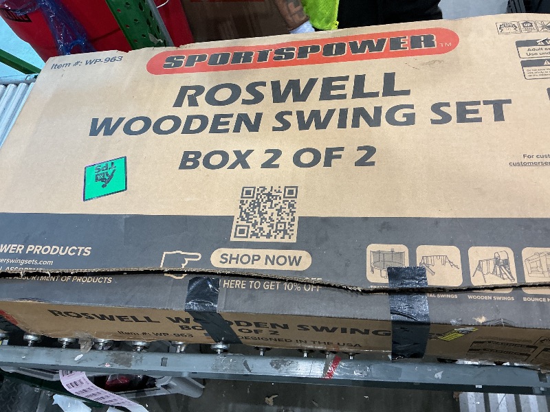 Photo 1 of *PARTIAL SET*
Sportspower Roswell Wooden Swing Set: Play Fort, Bench with Table, Sandbox, Trapeze, and 8' Slide - Black, Green and White