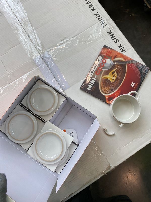 Photo 1 of ***MINOR DAMAGE*** Le Creuset Stoneware Set of 4 Mini Cocottes with Cookbook, 8 oz. each, White