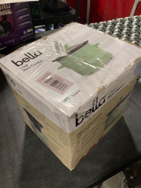Photo 1 of ***chipped on the lip, but still functional***bella 1.5 Qt Slow Cooker with 3 Heat Manual Control, Ceramic Nonstick Coating, Dishwasher Safe Stoneware Pot and Tempered Glass Lid, Tangle Free Cord Wrap & Cool Touch Handles, Seaglass***chipped on the lip, b