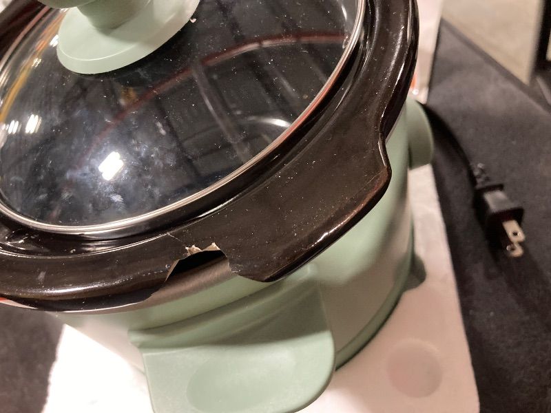 Photo 1 of ***chipped on the lip, but still functional***bella 1.5 Qt Slow Cooker with 3 Heat Manual Control, Ceramic Nonstick Coating, Dishwasher Safe Stoneware Pot and Tempered Glass Lid, Tangle Free Cord Wrap & Cool Touch Handles, Seaglass***chipped on the lip, b