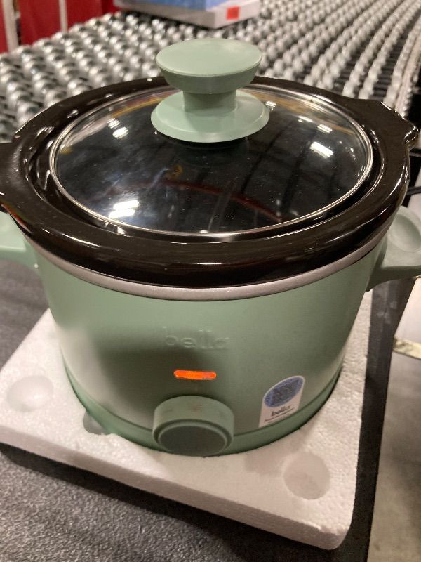 Photo 1 of ***chipped on the lip, but still functional***bella 1.5 Qt Slow Cooker with 3 Heat Manual Control, Ceramic Nonstick Coating, Dishwasher Safe Stoneware Pot and Tempered Glass Lid, Tangle Free Cord Wrap & Cool Touch Handles, Seaglass***chipped on the lip, b